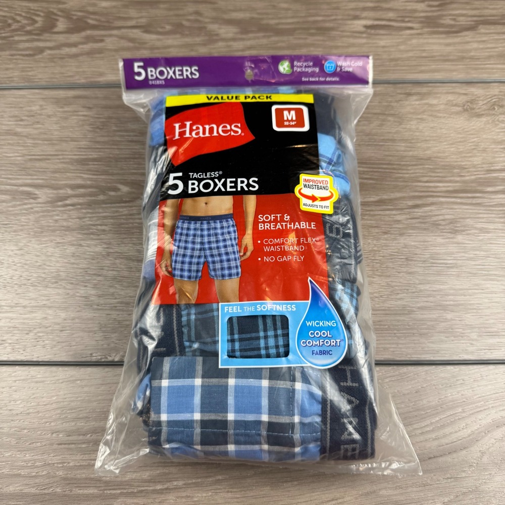 Hanes Mens Boxers 5 Pack Tagless Plaid Blue Medium M